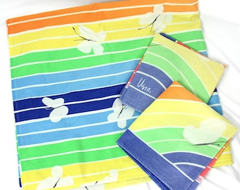 Vintage Vera Rainbow Butterfly Twin Full Flat Sheet King Pillow Case Set 1970s