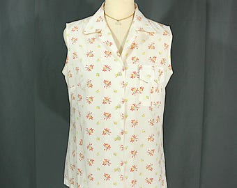 Vintage Country Floral Bouquet Sleeveless Collared Blouse Button Down Shirt M 1970s