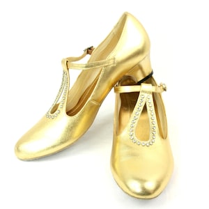 Vintage Beacon Metallic Gold and Rhinestones Leather Teardrop T Strap Heels Pumps Shoes 8 1980s