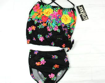 Vintage Deadstock Gabar neon bloemen tweedelig tankini zwembadpak 8 badmode NIEUW ongedragen jaren 1980