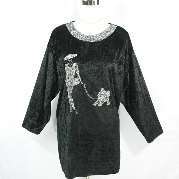 Vintage Femme Lady and Dog Black Velvet Velour Sequin Dolman Sleeve Tunic Top Med 1980s