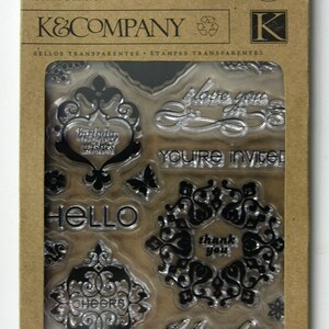 NUEVOS sellos transparentes pequeños K & Company de Amy Butler, juego de 20 piezas para tarjetas, saludos, álbumes de recortes, refranes e invitaciones