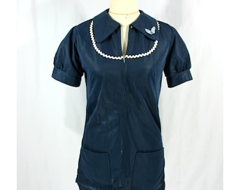 Vintage Collared Zip Front Puff Sleeve Butterfly Top Tunic Smock with Pockets 1970s S M