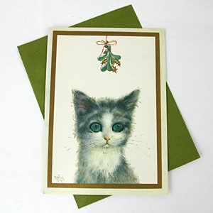 Vintage Brian Day Maretak Kat Kitten Tijd voor kerstkaart met groene envelop ONGEBRUIKT