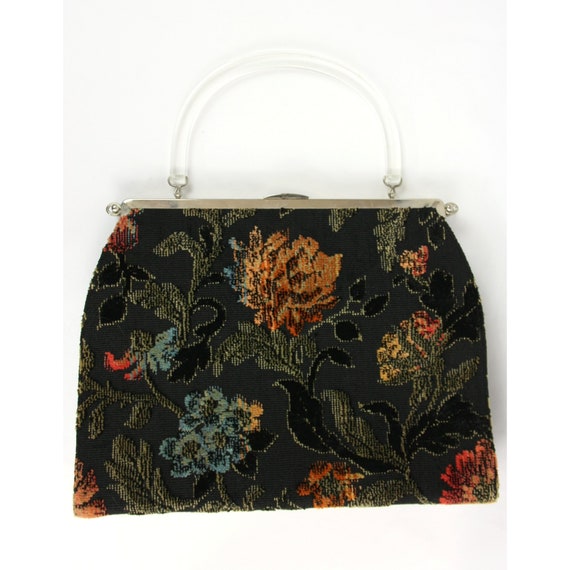 Vintage Lucite Handle Floral Tapestry Carpet Bag … - image 2