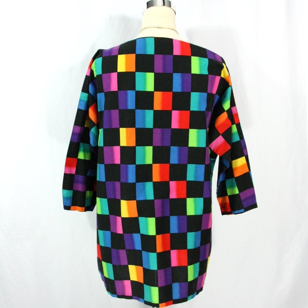 Vintage Handmade Colorful Checkered Geometric Dolman Sleeve Tunic Top Med 1980s