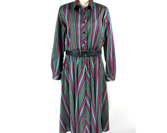 Vintage EJM Limited Striped Belted Blouson Shirtwaist Career Dress 10 1980s
