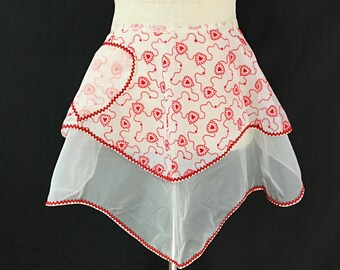 Vintage Sheer Chiffon Flocked Hearts Layered Half Apron Tie Back with Pocket and Ric Rac Trim