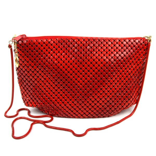 Vintage Red Chevron Metal Mesh Handbag Evening Bag Crossbody with Chain Strap 1980s