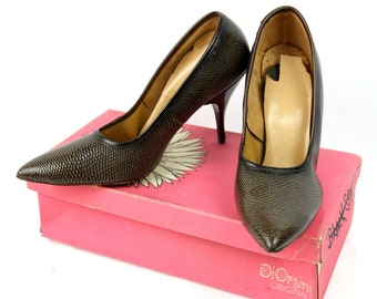 Zapatos de tacón Barini vintage sofisticados con punta puntiaguda y efecto lagarto, talla 6.5-7