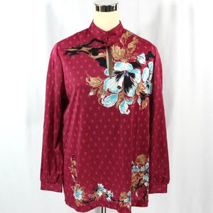 Vintage Trissi Floral Polka Dot Keyhole Neckline Mandarin Collar Tunic Blouse Top M 1970s