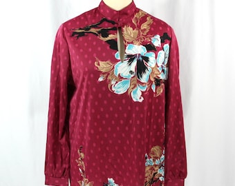Vintage Trissi Floral Polka Dot Keyhole Neckline Mandarin Collar Tunic Blouse Top M 1970s