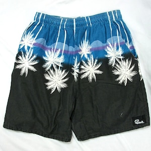 Vintage Shark Mens Swim Trunks Board Shorts Palm Trees Tropical Blue 1980s Small