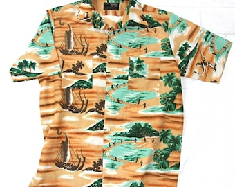 Vintage Van Cort Mens Short Sleeve Button Down Tropical Tiki Hawaiian Surf Aloha Shirt Beach Surfer Med 1960s