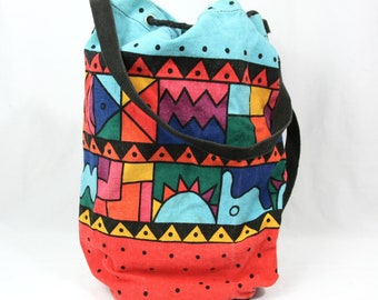 Vintage Accent Spiegel Geometric Midwest Canvas Drawstring Sling Tote Duffel Bag Colorful 1990s
