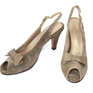 Vintage Revelations Suede Leather Pumps Heels Slingbacks with Bow, Brown, UNWORN - 7.5