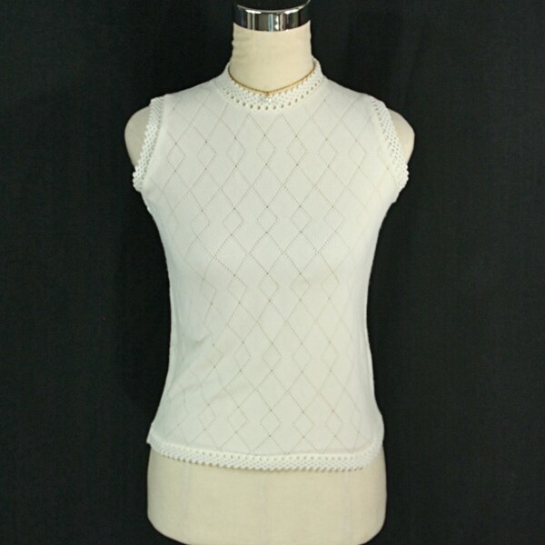 Vintage Glentex Diamond Argyle White Knit Acrylic Sleeveless Sweater Tank Top Small 1950s