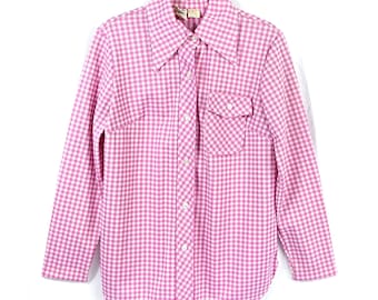 Vintage Queens Way to Fashion Country Plaid Gingham Button Down Butterfly Collar Shirt Pink 1970s Medium