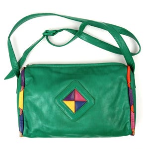 Vintage Sharif Green Faux Leather Checker Diamond Crossbody Handbag Purse 1980s