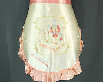 Vintage Beth Jacobs Schools Print Satin Pink Ruffles Tie Back Half Apron 1950s 1960s