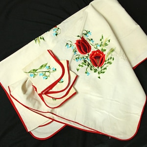 Vintage Embroidered Lilly of the Valley Tulips Floral Linen Table Cloth and Napkins Set Square Colorful 1950s
