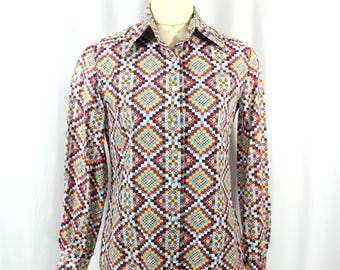Vintage Ginori Sportswear Checkered Diamond Colorful Cotton Blouse Shirt Top S M 1970s Country Boho