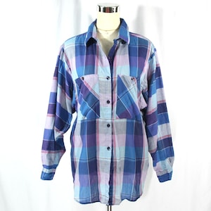 Vintage Accent Womens Plaid Long Dolman Sleeve Shirt Blouse Top Blue Purple L XL 1980s