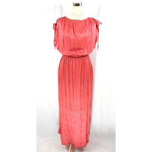 Vintage Floral Satin Jacquard Silky Short Sleeve Maxi Dress Blouson Gown Pink M 1970s