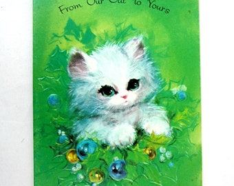 Vintage American Greetings Cute Cat Kitten Christmas Holiday Card UNUSED Green Holly