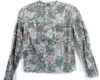 Vintage Jane Hunter Abstract Floral Back Button Stein Tex Collarless Blouse Top MCM Sm XS 1960s