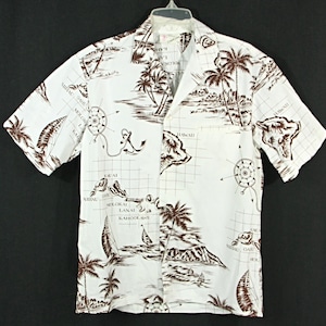 Vintage Royal Creations Herren Tropical Map Kurzarm Hawaiian Aloha Tiki Shirt Weiß Braun Medium