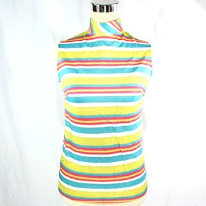 Vintage 1960s Colorful Sporty Stripes Striped Sleeveless Mockneck Top Sm Med Yellow