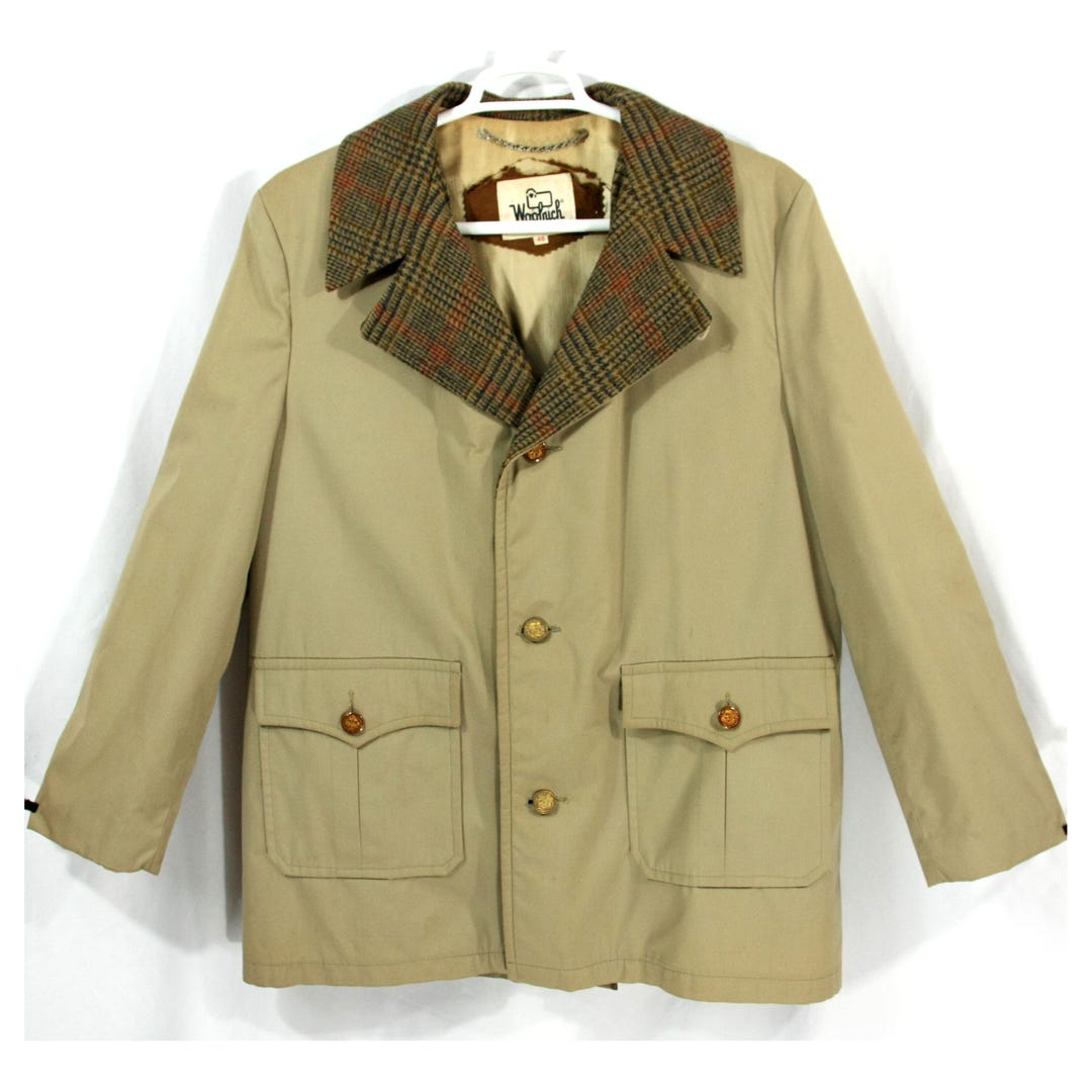 Vintage Woolrich Flannel Lined Mens Tan Trench Military Over Coat