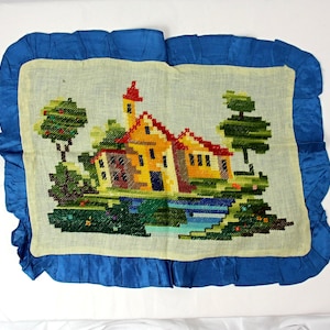 Vintage Embroidered Counted Stitch Scenic House Satin Pillow Case Sham Cover with Ruffles 1970s
