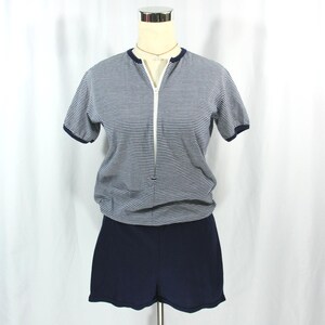 Vintage Striped Ringer Mod Shorts Romper One Piece Zip Front Short Sleeve Playsuit S M 1960s MCM