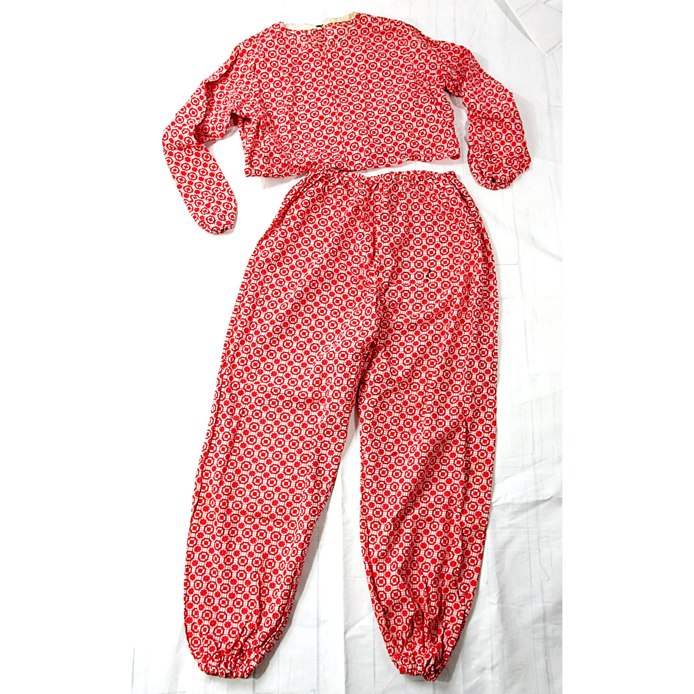 Vintage Handmade Red Medallion Print Pajama Set Pants and Cropped Top Sleepwear Small 1960s