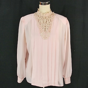 Vintage Worthingon High Neck Mock Neck Lacey Pleated Back Button Blouse Pink M 12 1980s