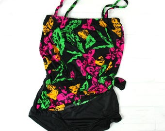 Vintage E Stewart-badpak met neon bloemen en bloemen uit de jaren 80 retro new wave-badpak uit de jaren 80