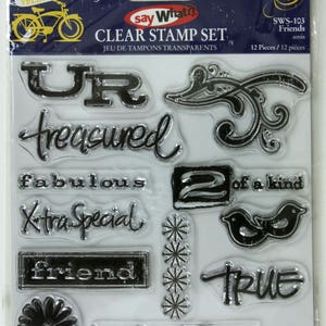 NEU Say What Clear Cling Acryl Stempel Set von Little Yellow Fahrrad SWS-103, Treasured, Fabful, Friends, True, Birds, Flowers