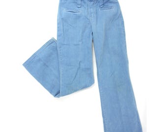 Pantalones vaqueros vintage Wrangler para niños, de mezclilla suave, de pierna recta, con cierre a presión en la cintura, color azul, talla 8, década de 1970. Ver medidas.