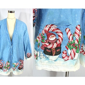 Vintage Christmas Holiday Snowman Joy Long Sleeve Full Cover Smock Button Front Apron with Pockets Blue
