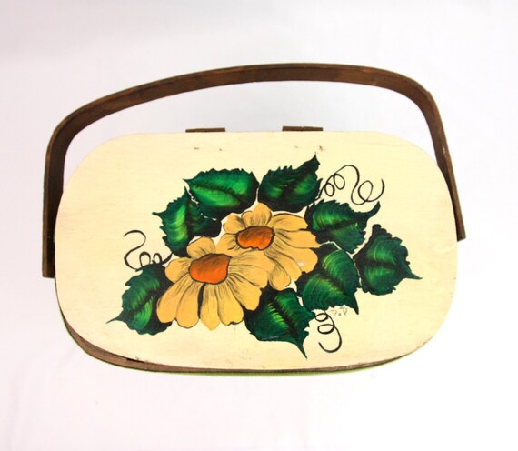 レア 希少 1960's Vintage Travel bag Daisy Vintage Hand Painted Picnic Basket Top Handle Handbag Purse Tote