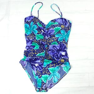 Vintage Deadstock Deweese Floral Nautical One Piece Swim Bathing Suit 16 NEW with Tags Swimwear 1980s