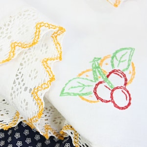 Vintage Fruit Embroidered Linen Table Cloth with Crochet Trim Colorful Square 1950s