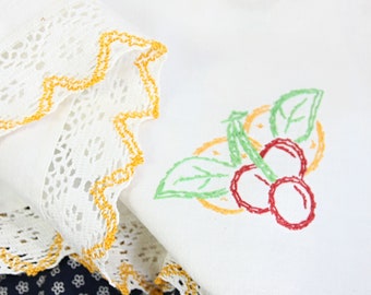 Vintage Fruit Embroidered Linen Table Cloth with Crochet Trim Colorful Square 1950s
