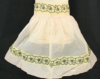 Vintage Sheer Floral Embroidered Trim Kitchen Hostess Half Apron Tie Back Pink MCM 1950s
