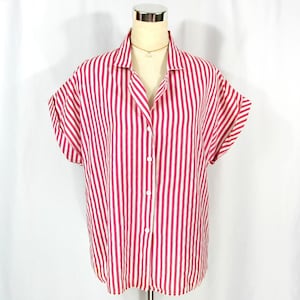 Vintage Sweet n Sassy Pink and White Striped Stripes Open Back Blouse Top L 1980s