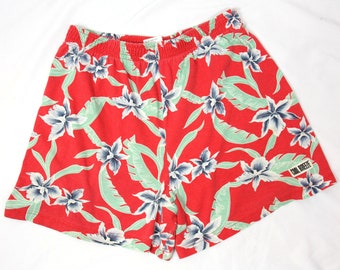 Vintage Cool Breeze Womens Floral Tropical Cotton Blend Shorts Red Colorful 1980s Medium