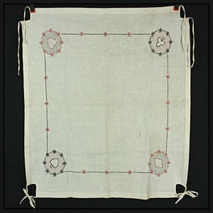 Mantel de lino bordado vintage con símbolos de baraja de cartas para mesa de juego, cuadrado, años 50, 86 cm