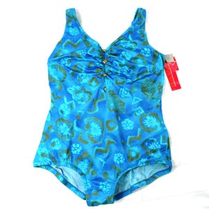 Roxanne Deadstock Abstract Fancy Button One Piece Swim Bathing Suit 44 C NEW Swimwear 1980s Blue